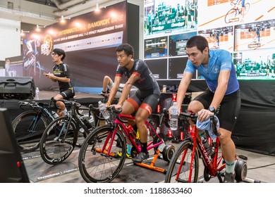 Indoor Cycling Racing Online Game Computer Race Show In International Bangkok Bike 2018 Bike Expo Fair In Thailand.Bangkok, Thailand 6 May 2018.