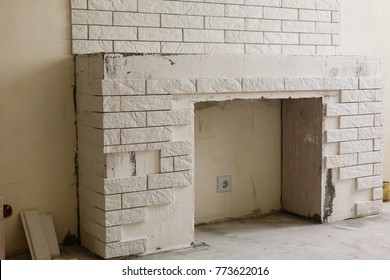 Indoor Diy Project Building Fireplace In The House Finishing Touches Selective Focus 