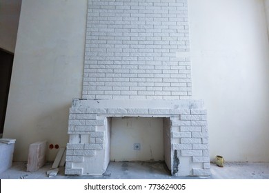 Indoor Diy Project Building Fireplace In The House Finishing Touches Selective Focus 