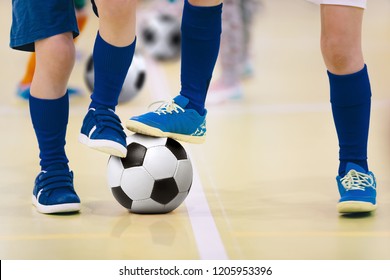 Indoor Futsal Soccer Players Playing Futsal Match. Indoor Soccer Sports Hall. Futsal Players Kicking Match. Soccer Training Dribbling Drill. Sports Background. Futsal League.