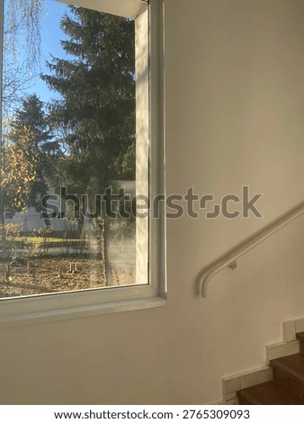 Indoor image with a view through a window to trees in autumn, juxtaposed with a staircase and white wall. Can be used for design inspiration.