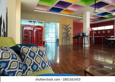 indoor interior by placing the phone booth in the corner of the room is very attractive, the location of SCH, Jalan Darmo, Surabaya, Indonesia (surabaya, september 9 2019)                            