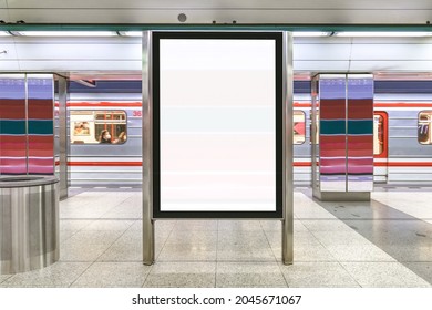 Indoor outdoor city light mall shop template. Blank billboard mock up in a subway station, underground interior. Urban light box inside advertisement metro airport vertical.