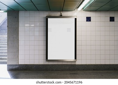 Indoor Outdoor City Light Mall Shop Template. Blank Billboard Mock Up In A Subway Station, Underground Interior. Urban Light Box Inside Advertisement Metro Airport Vertical.