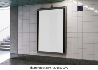 Indoor Outdoor City Light Mall Shop Template. Blank Billboard Mock Up In A Subway Station, Underground Interior. Urban Light Box Inside Advertisement Metro Airport Vertical.