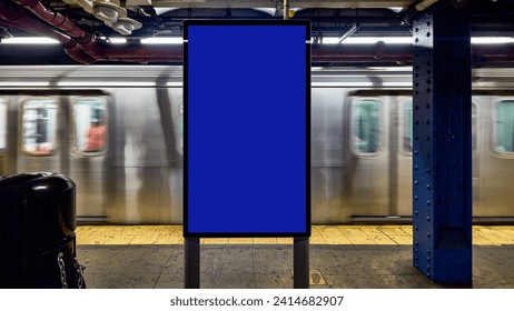 Indoor outdoor city light mall shop template. Blank billboard mock up in a subway station, underground interior. Urban light box inside advertisement metro airport vertical. - Powered by Shutterstock