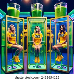 Indoor photo of group of 3 caucasian women aged 25 wearing tight yellow t shirts and yellow lycra shorts and their t shirts have "gunge games" written on them. they are on a colourful gameshow. they are sitting inside three tall glass cubicles with stools