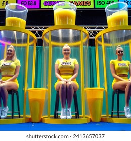 Indoor photo of group of 3 caucasian women aged 25 wearing tight yellow t shirts and yellow lycra shorts and their t shirts have "gunge games" written on them. they are on a colourful gameshow. they are sitting inside three tall glass cubicles with stools