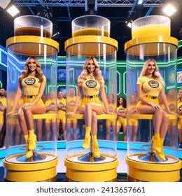 Indoor photo of group of 3 caucasian women aged 25 wearing tight yellow t shirts and yellow lycra shorts and their t shirts have "gunge games" written on them. they are on a colourful gameshow. they are sitting inside three tall glass cubicles with stools