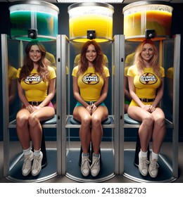 Indoor photo of group of 3 caucasian women aged 25 wearing tight yellow t shirts and yellow lycra shorts and their t shirts have "gunge games" written on them. they are on a dungeon style gameshow. they are smiling nervously. are sitting inside three tall