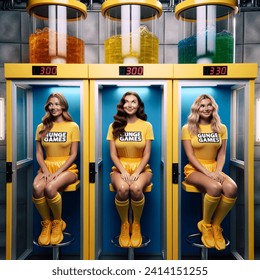 Indoor photo of group of 3 caucasian women aged 25 wearing tight yellow t shirts and yellow lycra shorts and their t shirts have "gunge games" written on them. they are on a dungeon style gameshow. they are smiling nervously. are sitting inside three tall