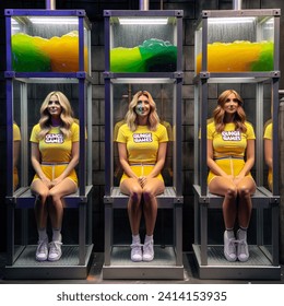 Indoor photo of group of 3 caucasian women aged 25 wearing tight yellow t shirts and yellow lycra shorts and their t shirts have "gunge games" written on them. they are on a dungeon style gameshow. they are smiling nervously. they are sitting inside three