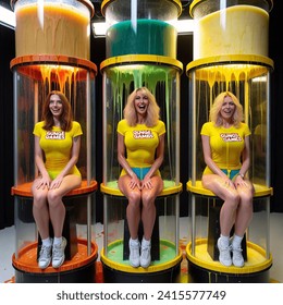 Indoor photo of group of 3 caucasian women aged 25 wearing tight yellow t shirts and yellow lycra shorts and their t shirts have "gunge games" written on them. they are on a dungeon style gameshow. they are smiling nervously. they are sitting inside three
