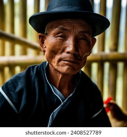 Indoor photo of hmong man shaman, spiritual healing, wears plain black and white clothes, black hat, bamboo temple, fantasy, chicken, pig