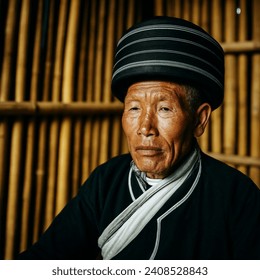 Indoor photo of hmong man shaman, spiritual healing, wears plain black and white clothes, black hat, bamboo temple, fantasy, chicken, pig