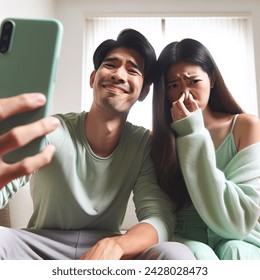 Indoor photo of medium wide shot from phone, east asian young couple with pastel green clothes having a selfie at home, the guy is smiling obliviously holding the phone, the girl is grimacing and covering her nose due to his bad body odor, eye level shot,