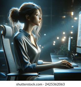 Indoor photo of realistic side view of young woman figure wearing glasses with loose hair is sitting in office on ergonomic chair, at the table with computer monitor, in business casual wear in a correct sitting position with straight back, neck and