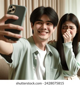 Indoor photo of wide shot picture of east asian young couple with pastel green clothes having a selfie at home, the guy is smiling normally holding the phone, the girl is grimacing and covering her nose due to his bad body odor, eye level shot, natural
