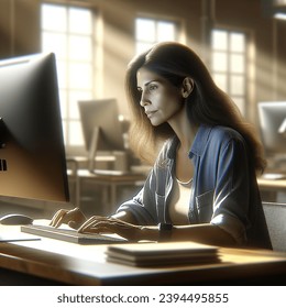 Indoor photo of a woman working on the computer. 9 a.m. 