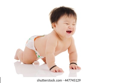 Indoor Portrait Of Asian Baby Crawl On The Floor