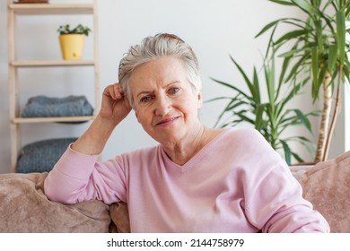Indoor portrait of attractive happy 60 year old senior woman with pleasant smile relaxing on sofa in her modern apartment. Calm Mature female with gray hair - Shutterstock ID 2144758979