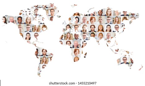 Indoor Portrait Collage Of People Of Different Ages On World Map As Globalization, Society And Generations Concept