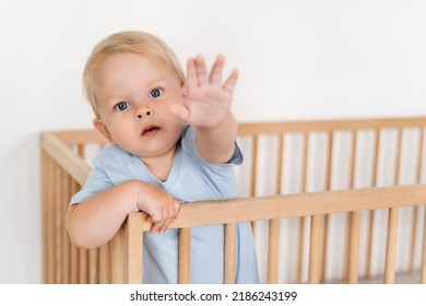 Indoor Portrait Of Worried Upset Caucasian Baby Standing In Wooden Bed On White Background Reaching Hand Out Asking To Pick Him Up. Childcare, Childhood, Maternity Concept