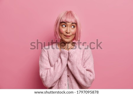 Similar – Image, Stock Photo woman with pink wig smiling happily on pink background