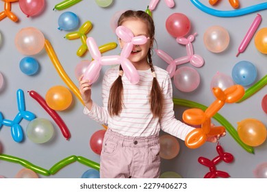 Indoor shot of little girl with braids wearing casual clothing posing isolated over gray background with balloons, holding air ballons animal figures, playing on party.