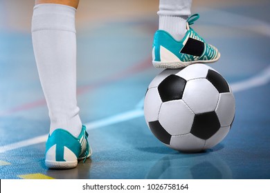 Indoor Soccer Sports Hall. Football Futsal Player, Ball, Futsal Floor. Sports Background. Youth Futsal League. Indoor Football Players With Classic Soccer Ball.