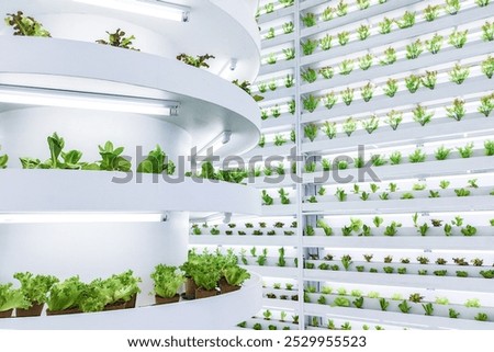 Indoor vertical farm with multiple layers of hydroponic plants under LED lights. Modern agricultural technology for urban farming and sustainable food production.