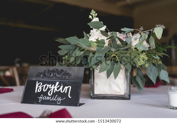 Indoor Wedding Reception Centerpiece Decor Greenery Stock Photo