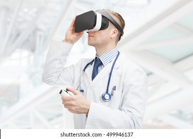 Indoors close up shot of doctor wearing virtual reality glasses - Powered by Shutterstock