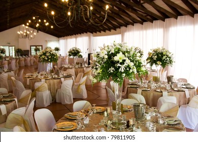 Indoors Wedding Reception Venue With Décor, Selective Focus On Flowers