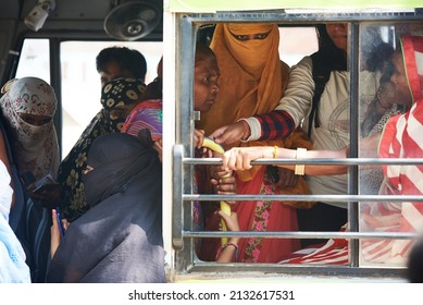 Indore, India -  02 20 2020: Crowd Of People In A Crowded City Bus In India