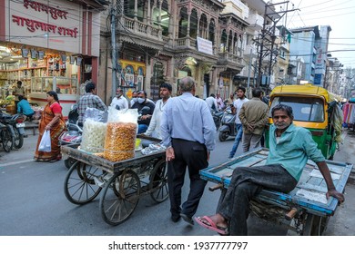 Indore, India - March 2021: People Walking The Streets Of The Sarafa Bazaar In Indore On March 12, 2021 In Madhya Pradesh, India.
