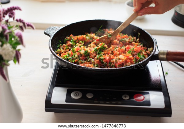 Induction Cooking Home On Black Portable Stock Photo Edit Now