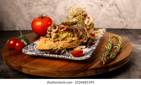 Indulge in a delightful bruschetta topped with thin slices of cured ham, drizzled with extra virgin olive oil and garnished with fresh basil for an elegant appetizer.

 - Powered by Shutterstock