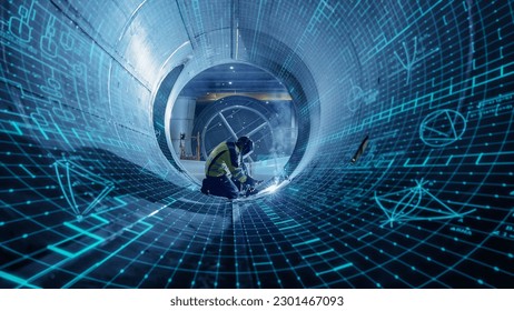 Industrial 4.0 Digital Visualization Concept: Heavy Industry Welder Working, Welding Inside Pipe. Construction of NLG Natural Gas and Fuels Transport Pipeline. Future of Clean Green Power and Energy - Powered by Shutterstock