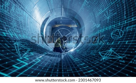 Industrial 4.0 Digital Visualization Concept: Heavy Industry Welder Working, Welding Inside Pipe. Construction of NLG Natural Gas and Fuels Transport Pipeline. Future of Clean Green Power and Energy
