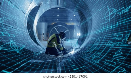 Industrial 4.0 Digital Visualization: Heavy Industry Welder Working, Welding Inside Pipe. Construction of NLG Natural Gas and Fuels Transport Pipeline. Clean Green Power and Energy Concept.