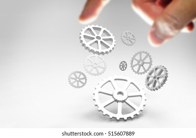 Industrial 4.0 and engineer concept . Gears , Blur man finger  with gray background , 3d rendering,