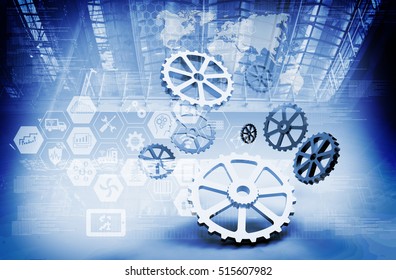 Industrial 4.0 and engineer concept . Gears , industry infographic icons abstract blue tone technology background , 3d rendering