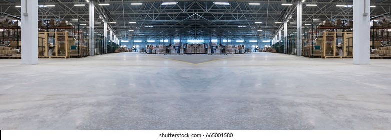 Industrial background composition - free space of storage and in the distance typical production warehouse interior. Selective focus.Copy space. Wide panoramic image.