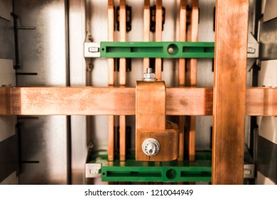 Industrial Background. Copper Busbar Close-up View.