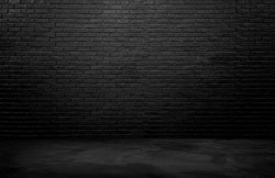 Industrial Background For Product Displayed. Black Brick Wall Background, Rough Concrete, Plastered Concrete Floor, With Lights From Above. Lighting Effect On Empty Brick Wall Background For Design.