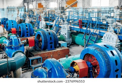 Industrial background pumping power station with electric generators and vacuum circulation pump.
