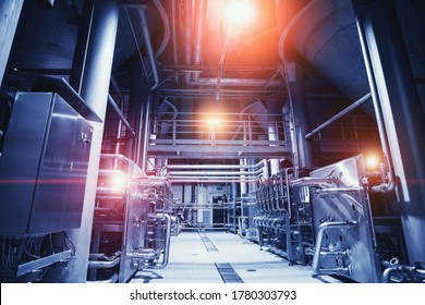 Industrial Brewery Factory Interior In Abstract Blue Color. Large Steel Tanks And Pipes. Industry Background.