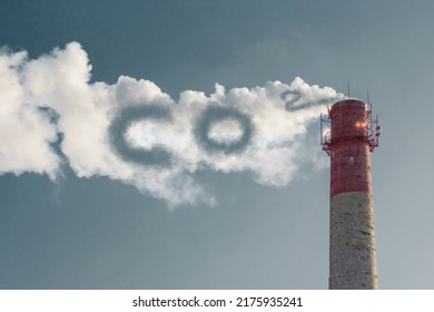 Industrial Brick Chimney With Smoke, CO2 Emissions
