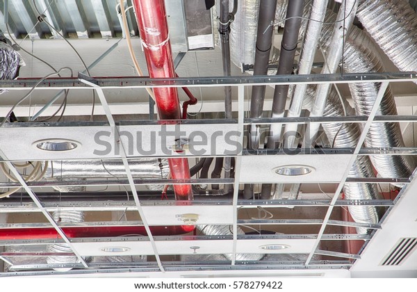 Industrial Building False Ceiling Under Construction Stock Photo